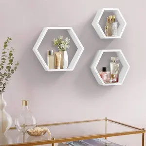 MDF Wood Hexagon Storage Floating Wall Shelf hexagon Floating shelves For Home Decor Kitchen Storage Living Room Dining Room