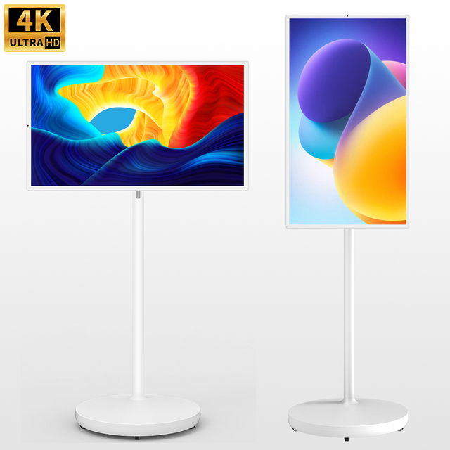 32 Inch 4K Portable Smart TV Android 15 White LED Touchscreen Display 8GB/128GB Mobile Monitor for Office & Retail Use
