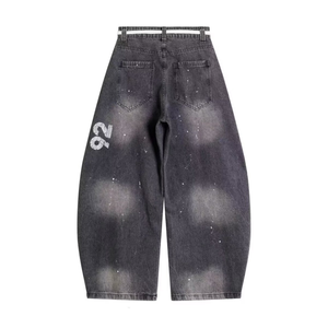 Vaqueros holgados vintage grises para hombre, estilo skater, hip hop, pantalones de mezclilla sueltos con estampado gráfico, lavado blanqueado, algodón pesado, ropa urbana. - Product Image 3