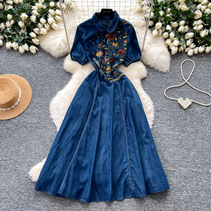 Embroidered Denim Dress - Vintage Floral Patchwork Style