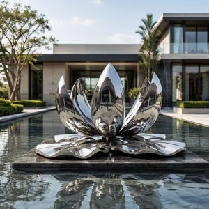 Grande sculpture de fleur de lotus en acier inoxydable poli miroir, fontaine d'eau, statue de jardin extérieure, décoration d'art public moderne - Product Image 3