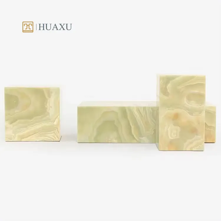 Huaxu 광택 북유럽 3 개 세트 럭셔리 현대 직사각형 낮은 큐브 녹색 오닉스 대리석 주각 커피 테이블