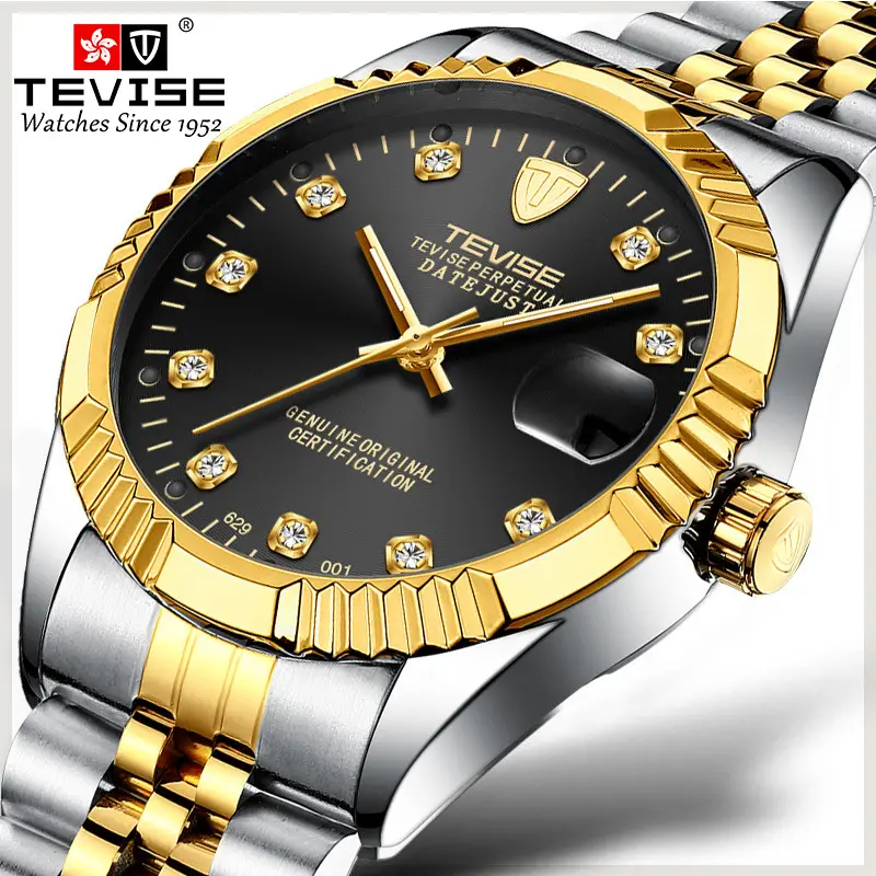 TEVISE 629 fashion golden male mechanical watch latest Stainless steel band Luminous Tourbillion auto date Casual reloj
