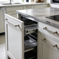 Meubles de cuisine de luxe minimalistes avec finitions dorées, îlot incurvé et solutions de rangement dissimulées