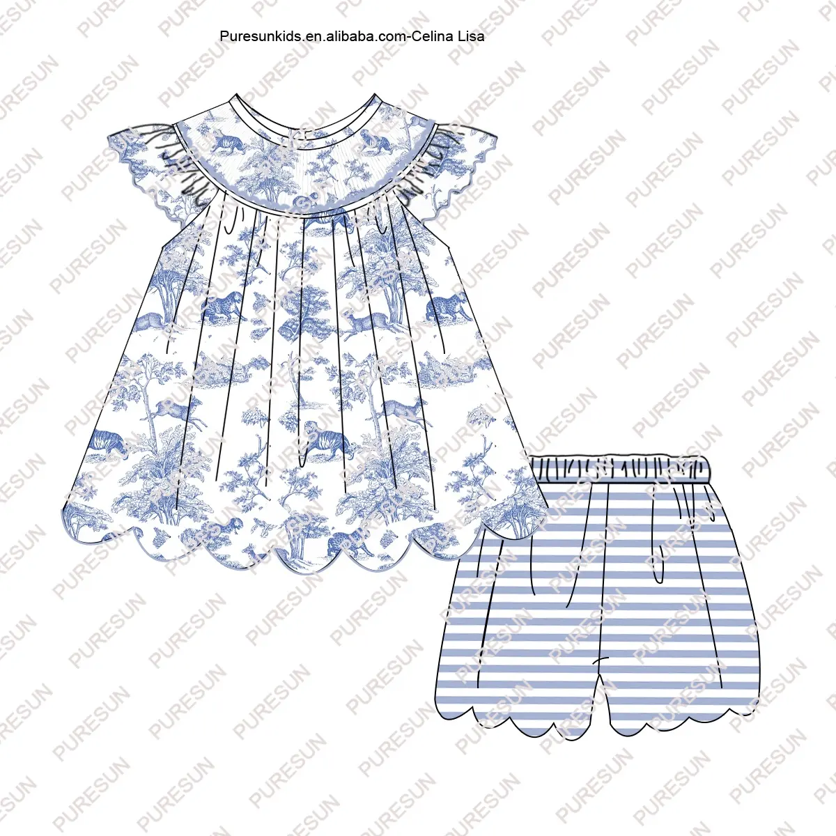 New boutique scallop kids clothes baby girl bishop dress with shorts set animals toile toddler girls smocked outfit