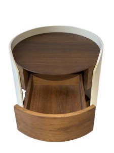 Mesita de Noche Cilíndrica Moderna con Chapa de Nogal, Acabado Crema Horneado, Cajón de Madera Maciza con Cierre Suave y Estante Abierto para Dormitorio - Product Image 5