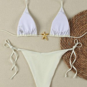 Women Yellow Plaid Pattern Bikini Set Crossed Halter Lace up Spandex/Polyester 2 Piece Swimming Wear - Product Image 5