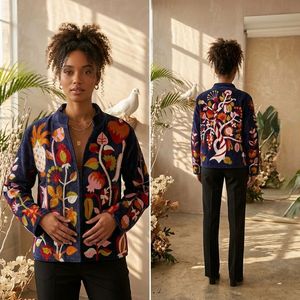 Hand Embroidered Velvet Quilted Bomber <b>Jacket</b> Women's <b>Mandarin</b> <b>Collar</b> Floral Pattern Full Sleeve Autumn/Cotton Zipper Closure - Product Image 2