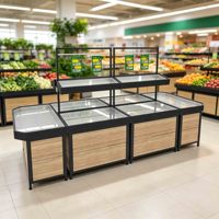 Commerciële supermarkt-displaytafel voor fruit en groenten, winkelstandaard voor levensmiddelen, verse marktbalie met prijskaartjes