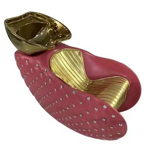 Chaise de shampooing évier en céramique dorée semi-inclinable Station de shampooing pour cheveux équipement de salon de coiffure pour femmes - Product Image 2