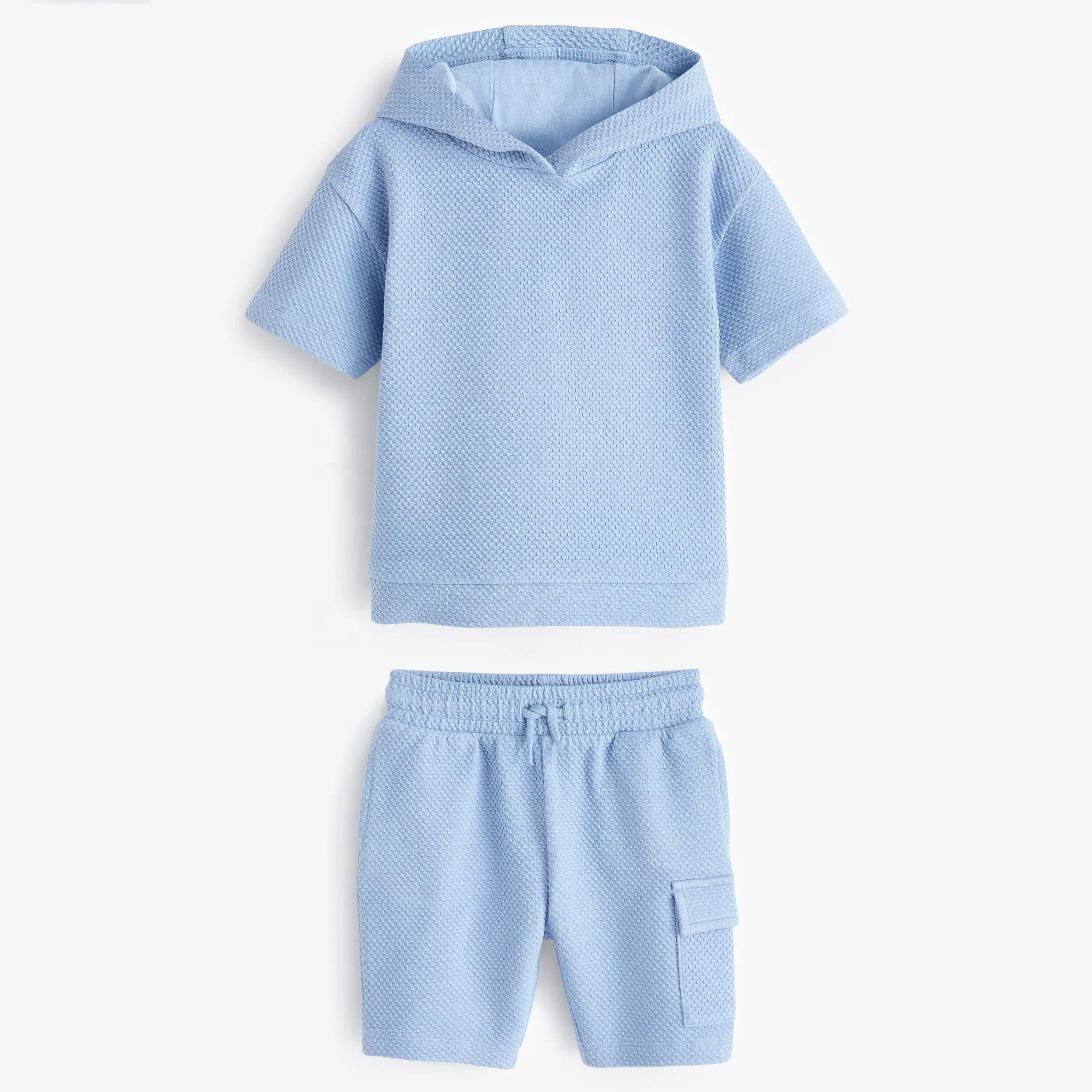 Ropa personalizada OEM para niños, conjunto de Sudadera con capucha y pantalones cortos de manga corta de algodón con gofres suaves, ropa para niños de 2 piezas