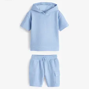 Oem Custom Kids Clothes Manufacturer Soft Waffle Cotton Short Sleeve Hoodie And Shorts Set 2 Piece Boys Clothing