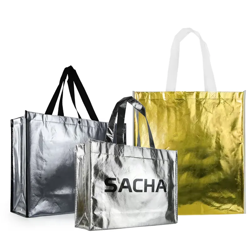 पुनर्नवीनीकरण कस्टम लोगो मुद्रित गैर-बुना टोट शॉपिंग बैग पुन: प्रयोज्य होलोग्राफिक प्रमोशन धातुई टुकड़े टुकड़े में गैर बुना उपहार बैग
