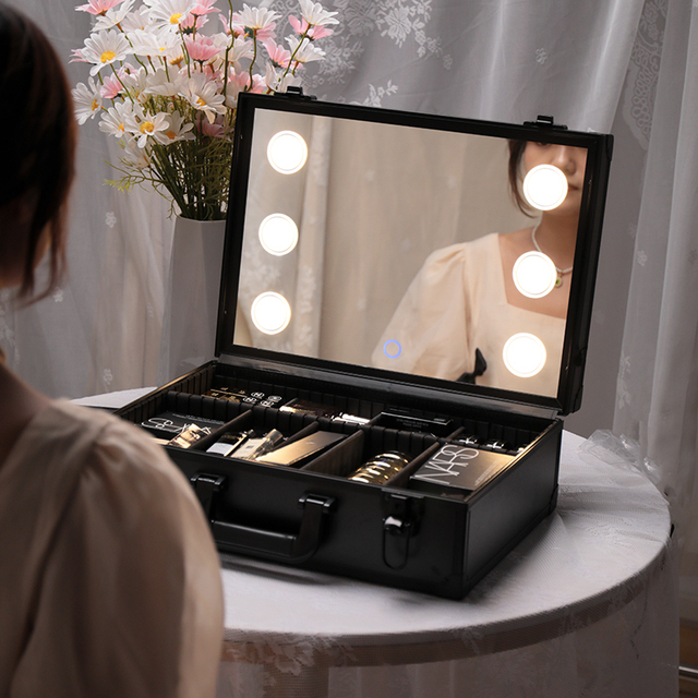 Professional Handbag Cute Makeup Brush Bags Cosmetic case Organizer With Full Led Light Mirror Waterproof Cosmetic Case
