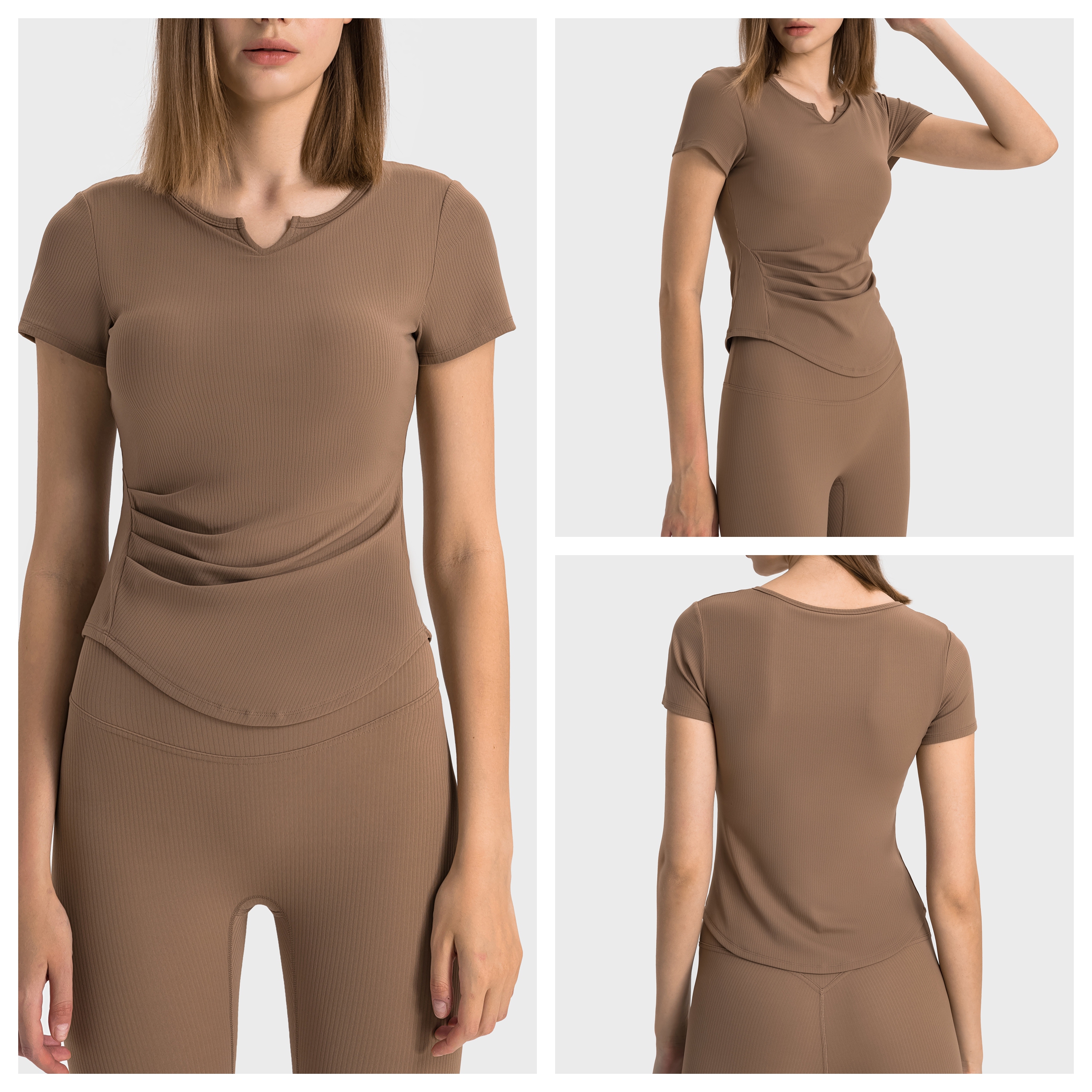 YNSEA OEM Womens V Neck Short Sleeve Padding Side Pleated Tops Athletic Yoga Gym Pilate Dancing Slim Fit Quick Dry Shirt