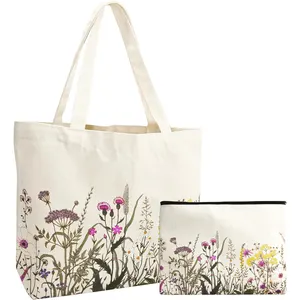 Sacola bordada em lona de flores silvestres para presente de formatura, sacola de compras cosmética estética personalizada para viagens