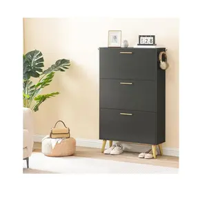 Shoe Cabinet with 2 Flip Drawers, Cubby and Shelf, Slim Wooden Freestanding Narrow Storage Shoes Organizer Rack Black