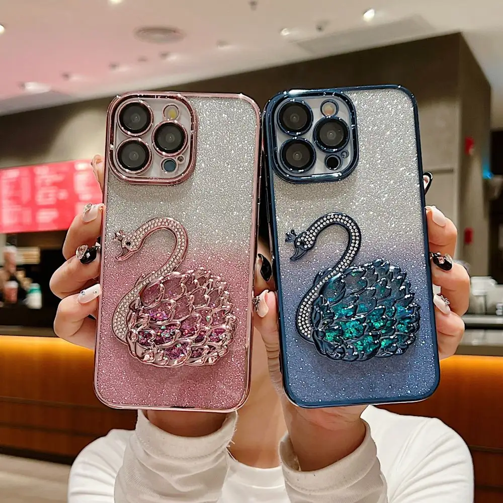 Glitter Bling Swanรูปแบบโทรศัพท์มือถือสําหรับiPhone 15 Pro 3Dไล่ระดับสีออกแบบเคสโทรศัพท์หรูหราสําหรับIphone15 14 13 12