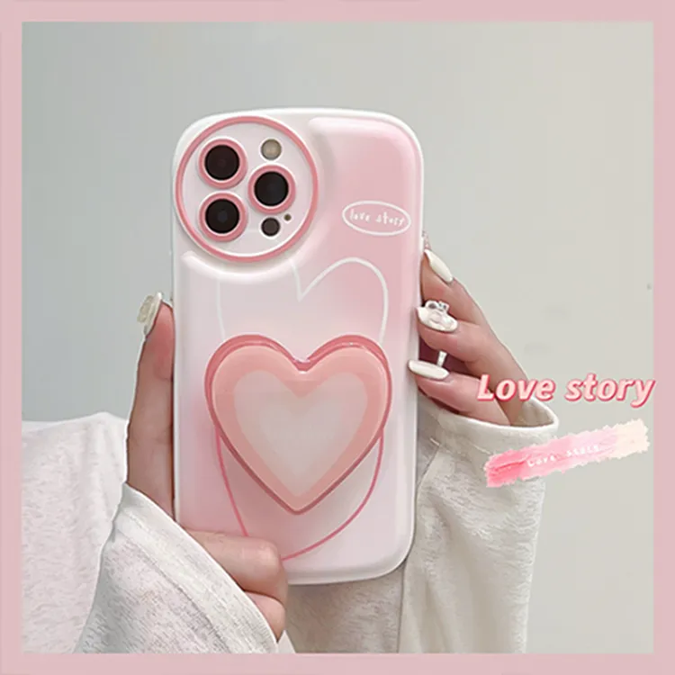 High Quality Pink Heart Soft Tpu Shockproof Protective Phone Cover All-inclusive Silicone Phone Case With Holder For Iphone 14