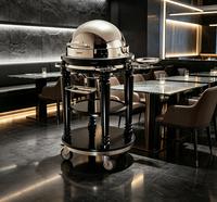 Chariot de service de luxe en acier noir poli avec miroir, chauffe-plats rond pour buffet d'hôtel, avec support en bois à roulettes, pour usage domestique
