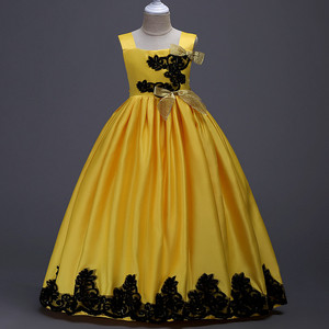 Girls' Yellow Satin Princess Dress With Black Lace Embroidery Stage <b>Performance</b> <b>Wear</b> - Product Image 1