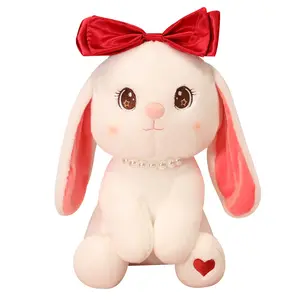 Lindo conejo con lazo, juguete de peluche, muñeco de conejo blanco, almohada de cama, muñeco de angora redondo, orejas grandes, conejo de peluche