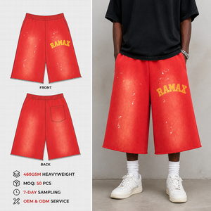 <b>Men</b> Vintage Washed <b>Sweat</b> <b>Shorts</b> Custom Letter Print Splatter Paint Raw Hem Elastic Waist Hip Hop Streetwear <b>Men</b> Casual <b>Shorts</b> - Product Image 2