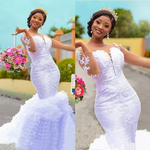 African Mermaid Wedding Dress White Ivory Lace Sweetheart Neckline Natural Waistline Long Sleeve Figure Flattering - Product Image 1