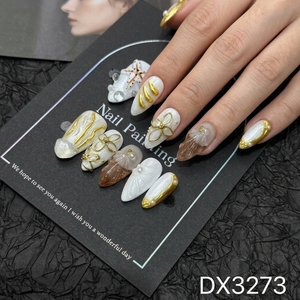 เล็บปลอมอะคริลิคทำมือลายอัลมอนด์ 3 มิติ สีทองขาวมุก สไตล์ยุโรป สำหรับใส่หน้าร้อน - Product Image 3