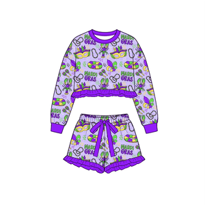 Preorder Girls Mardi Gras Print Long Sleeve Top Ruffle <b>Shorts</b> 2Pcs Set Boutique Outfit for <b>Toddler</b> Kids - Product Image 5