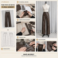 Pantalon large taille haute marron pour femme, aspect cuir, longueur intégrale, boutons sur le devant, poches, personnalisable OEM, vente en gros