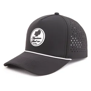 Wholesale Custom High Quality Men 5 Panel Polyester Baseball Cap Rubber Logo Waterproof Laser Cut Hole Perforated Dad Hat