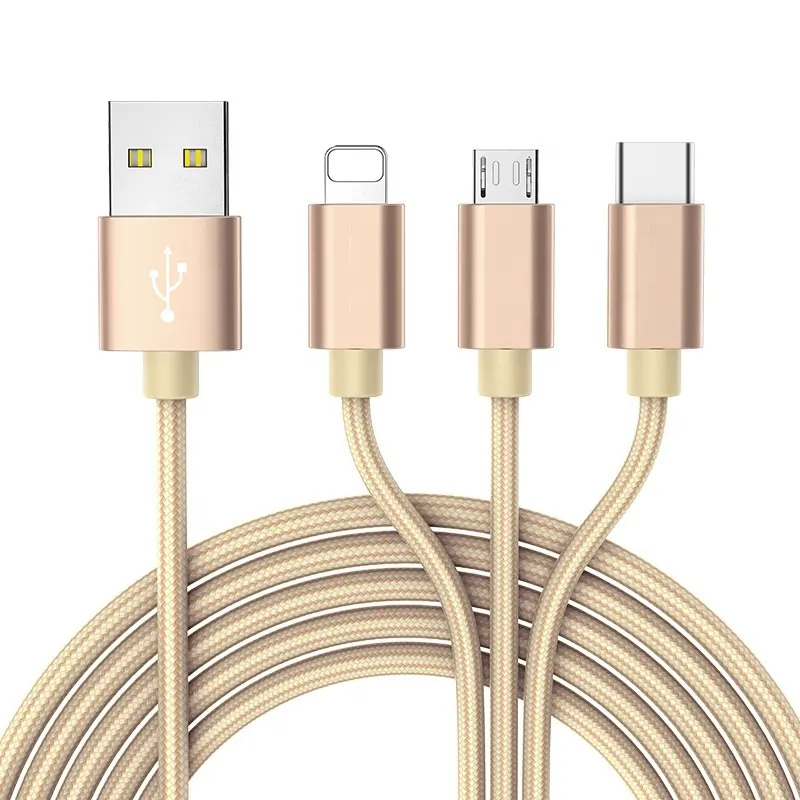 Metal Charging 2.5A Charging Cable Nylon Wire Charger for iphone Plug iPhone iPad Micro USB Type C for Samsung Xiaomi 3in1 Cord