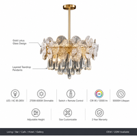 Lámpara Colgante LED de Cristal con Diseño de Loto Dorado, con Control Remoto, Tamaño Mediano, Estilo Postmoderno, para Sala de Estar, Hotel, Villa, Venta al por Mayor