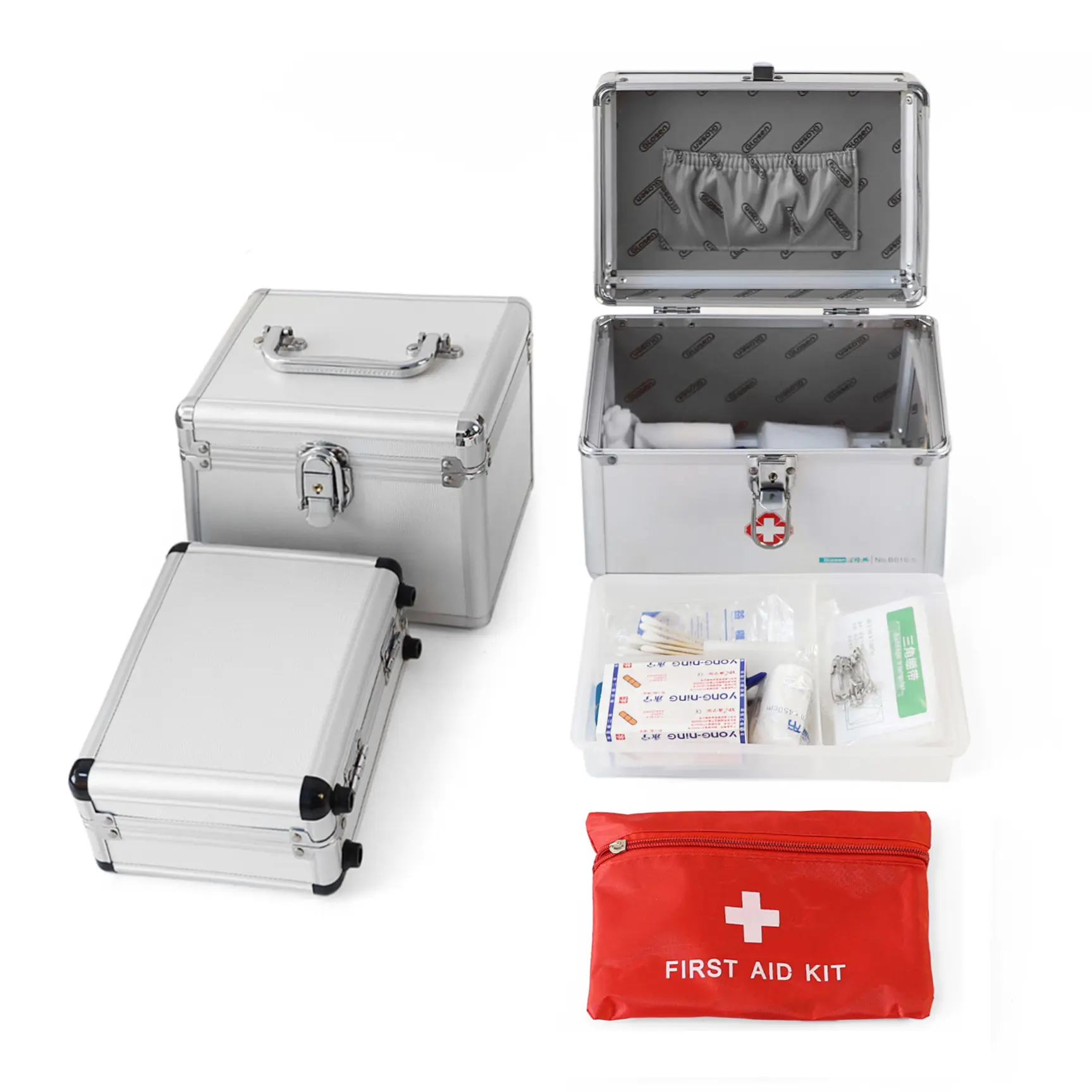 Kit de primeiros socorros de alumínio, caixa personalizada de alumínio para uso em casa, caso de primeiros socorros tático