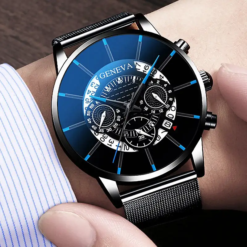 Men's Watch Fashion Stainless Steel Calendar Clock Quartz Wristwatch Men Sports Watch Clock Geneva Watch