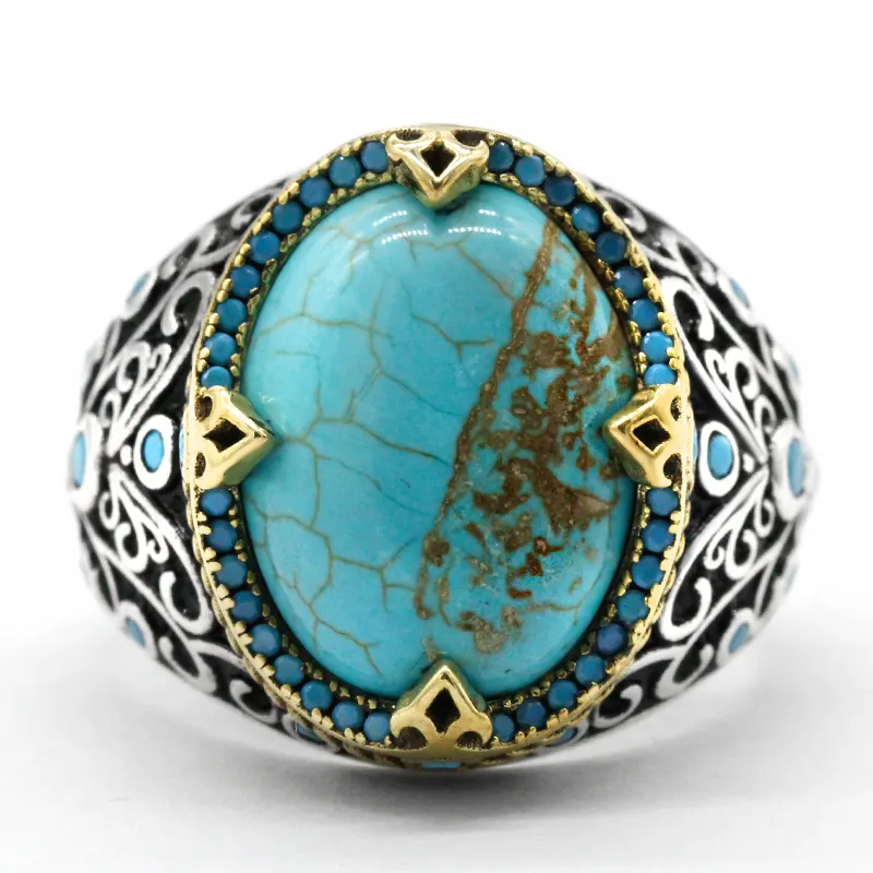 Men's Jewelry S925 Sterling Silver Ring Inlaid With Turquoise Men's Ring Fashion Jewelry European And American Style
