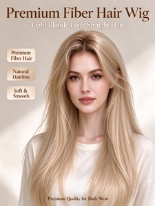 Perruque longue et droite en fibres capillaires blond clair, avec une ligne de cheveux naturelle, douce et lisse, pour un usage quotidien - Product Image 1