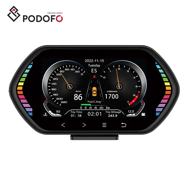 Podofo 2023 F12HUDヘッドアップディスプレイOBDGPSスロープメーターディスプレイカーデジタルスピードメーターIPS車両用オイル温度速度