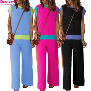 Dear-Lover Conjunto de roupas de marca própria 2 peças para mulheres, conjunto de 2 peças para mulheres casuais, conjunto de cores de bloco de cores por atacado