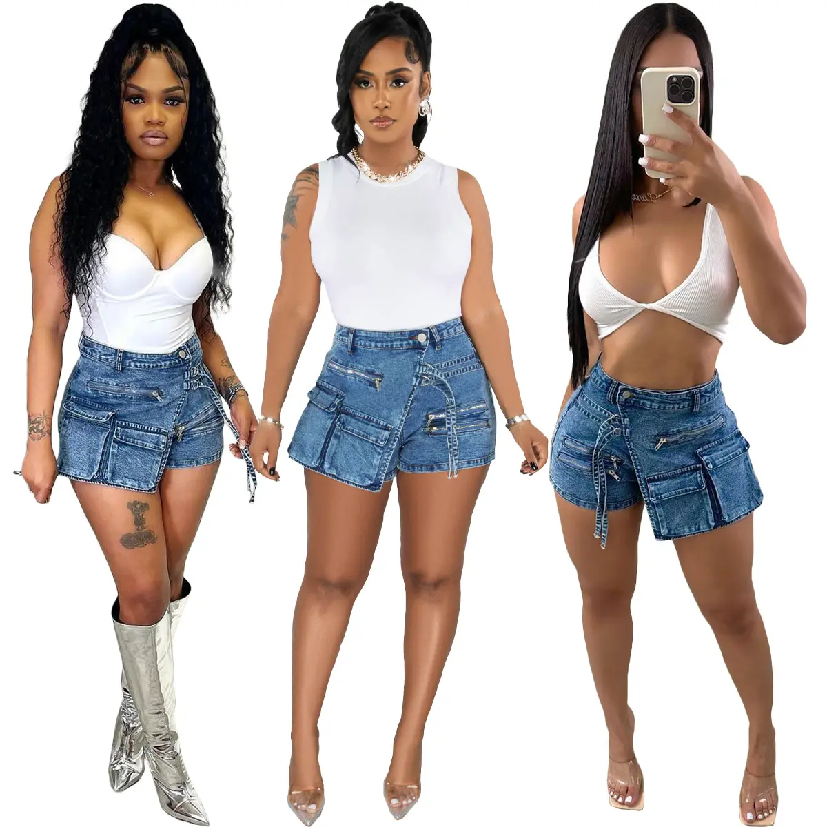 2023 Mùa Hè Mới Thời Trang Không Thường Xuyên Phụ Nữ Denim Quần Short Giản Dị Thời Trang Đường Phố Phụ Nữ Hàng Hóa Quần Short Túi Quần Jean