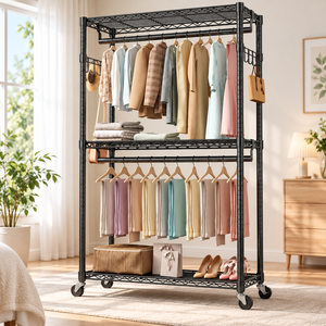 Perchero de Acero al Carbono Resistente con Ruedas, Estantes Ajustables de Doble Nivel, Barra Doble para Colgar Ropa y Ganchos Laterales - Product Image 3