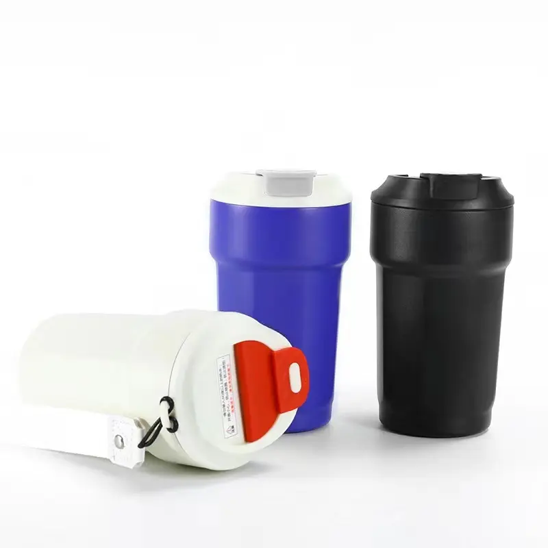 Copo de café duplo portátil de aço inoxidável para beber ao ar livre, copo com corda para carro, garrafa de água com isolamento a vácuo