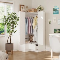 Armario de almacenamiento de diseño de dormitorio pequeño para chica moderna, armario móvil de esquina de madera de 2 puertas en forma de L con cajón para ropa