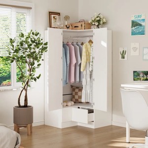 Armario de almacenamiento de diseño de dormitorio pequeño <span class=keywords><strong>para</strong></span> chica moderna, armario móvil de esquina de madera de 2 puertas en forma de L con cajón <span class=keywords><strong>para</strong></span> <span class=keywords><strong>ropa</strong></span> - Product Image 4