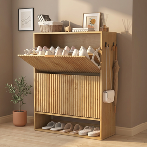 Modern Midcentury Wooden <b>Shoe</b> <b>Storage</b> Cabinet Adjustable Shelves Side Hooks Anti-Tipping Freestanding for Living Room Furniture - Product Image 4