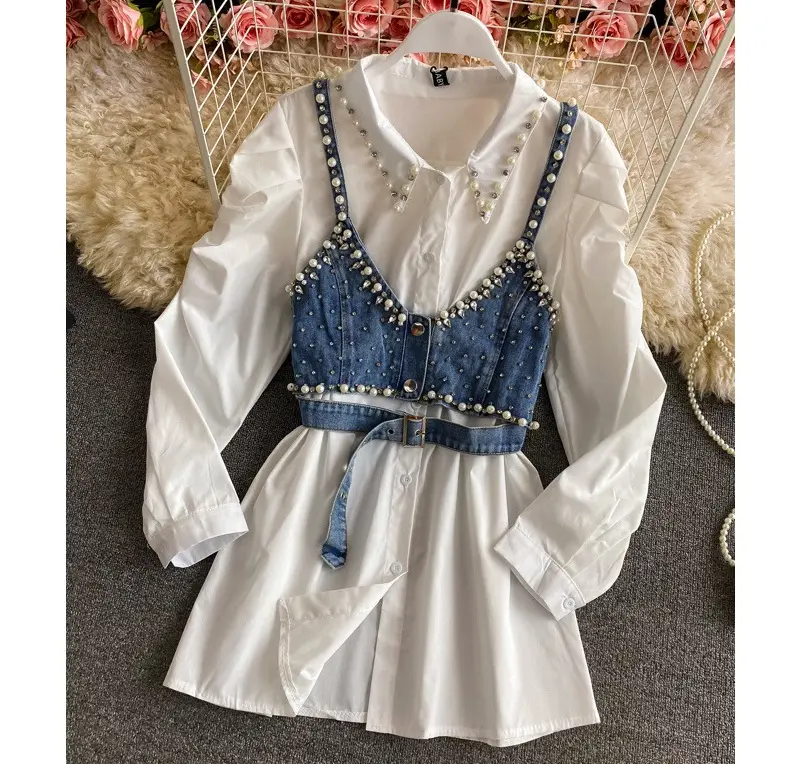 Wholesale Spring 2022 New Two piece Set Top Pearl Beaded Denim Camisole Vest Long Sleeve Blouse Fashion Women's Shirts