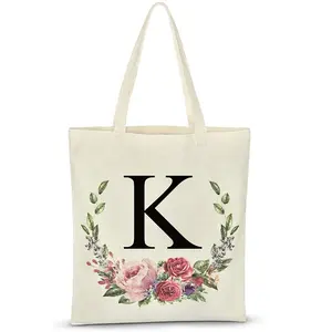Personalized Sublimation Full Colors Printing Floral Initial Tote Bags For Cotton Canvas Tote Bags