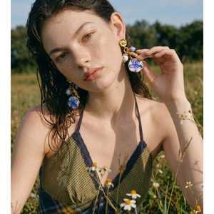 JINYOU 7282 <span class=keywords><strong>Pendientes</strong></span> Vintage de Acero Inoxidable Chapados en Oro con Esmalte, Flores y Cuentas de Cerámica - Product Image 2