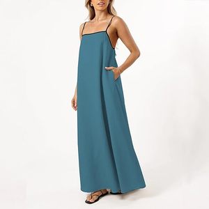 Abito Estivo in <span class=keywords><strong>Lino</strong></span> da <span class=keywords><strong>Donna</strong></span>, Vestito Lungo e Ampio con Spalline Sottili a Contrasto, Senza Maniche e Schiena Scoperta, Ideale per la Spiaggia - Product Image 3